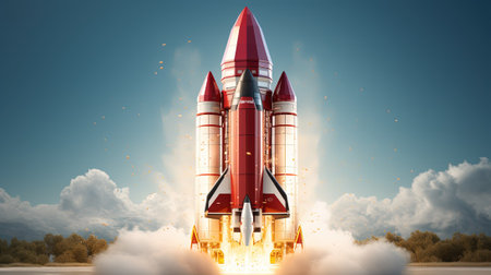 Rocket taking off into space. Mixed media. Mixed media. Mixed media with AI-Generated Imagesの素材