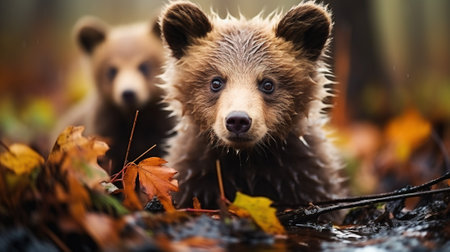 Cute little brown bear cub playing in the autumn forest. Animal portrait with AI-Generated Imagesの素材