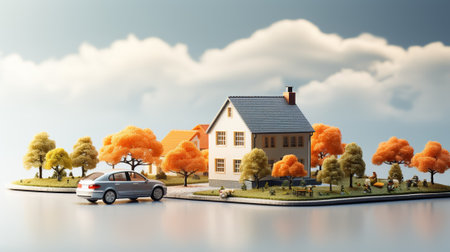 Miniature model of house and car on the background of autumn landscape with AI-Generated Imagesの素材