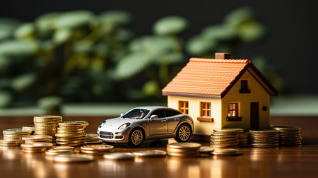 Real estate investment concept. Car model, coins and house on table with AI-Generated Imagesの素材