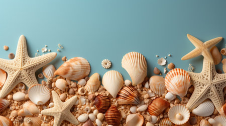 Sea shells and starfishes on sand, top view. Summer background with AI-Generated Imagesの素材