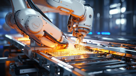 3d rendering robotic arm working on a production line in a factory with AI-Generated Imagesの素材