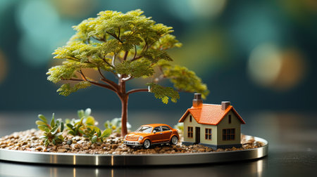 Miniature model of a house, car and tree. Real estate concept with AI-Generated Imagesの素材