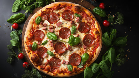 Pizza with salami and mozzarella cheese on black background with AI-Generated Imagesの素材