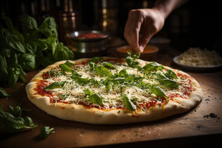 Pizza with mozzarella cheese and basil on a wooden table with AI-Generated Imagesの素材
