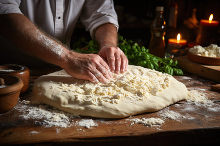 Chef kneading dough on a wooden table in the kitchen with AI-Generated Imagesの素材