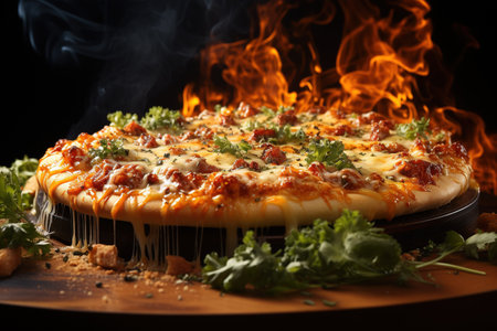 Pizza with cheese and herbs on a wooden board on a dark background with AI-Generated Imagesの素材