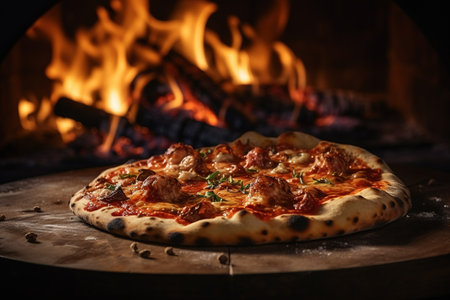 Pizza with meatballs on a wooden board in front of the fireplace with AI-Generated Imagesの素材