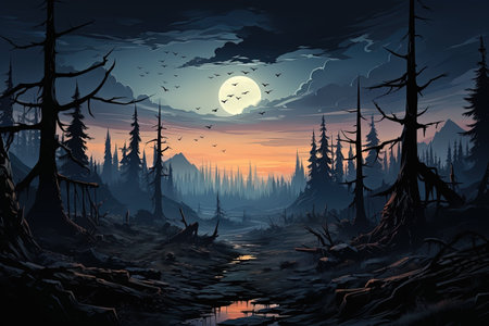 Fantasy landscape with dead trees, river and moon. Vector illustration with AI-Generated Imagesの素材