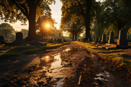 Old cemetery in the evening light, with reflection in the puddle with AI-Generated Imagesの素材