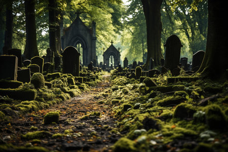 Gothic cemetery with old gravestones and moss in the foreground with AI-Generated Imagesの素材
