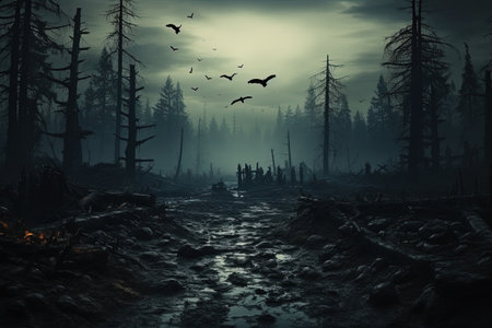 Mysterious dark forest with a river in the foreground. Halloween concept with AI-Generated Imagesの素材