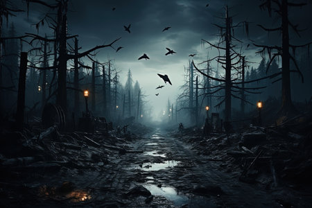 Scary dark forest at night. Halloween concept. 3D Rendering with AI-Generated Imagesの素材