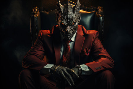 Portrait of a man in a red suit with a mask on his face sitting in an armchair with AI-Generated Imagesの素材