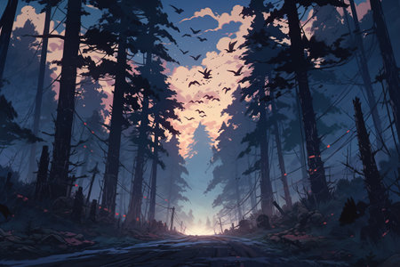 Fantasy landscape with broken trees in forest. 3D illustration with AI-Generated Imagesの素材