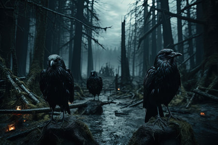 Two black ravens standing on a log in the dark forest with AI-Generated Imagesの素材