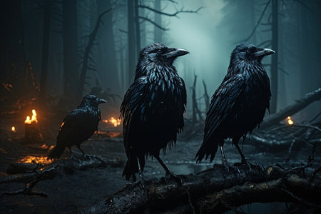 Black ravens stand on a branch in a dark forest at night with AI-Generated Imagesの素材