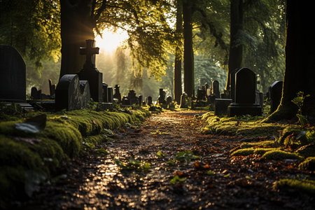 Old cemetery in the light of the setting sun in the forest with AI-Generated Imagesの素材
