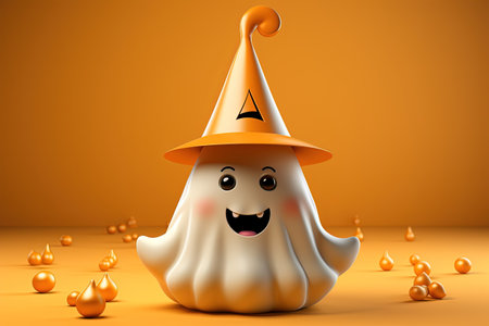 Halloween ghost with witch hat on orange background. 3d illustration with AI-Generated Imagesの素材