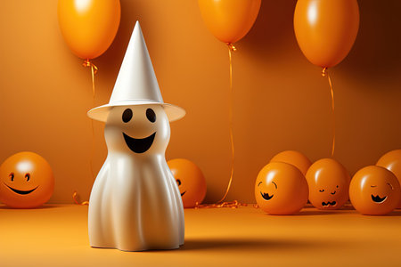3d render of happy halloween ghost with orange balloons background with AI-Generated Imagesの素材