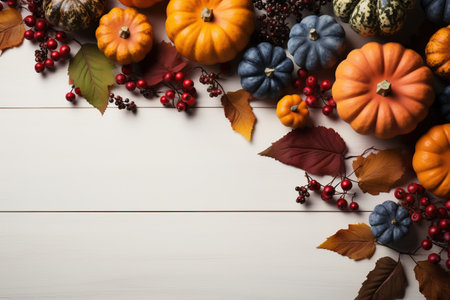 Autumn background with pumpkins, leaves and berries on white wooden table with AI-Generated Imagesの素材