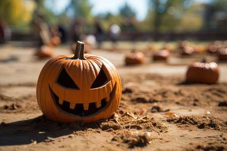 Halloween pumpkins on the sand in the park. Selective focus with AI-Generated Imagesの素材