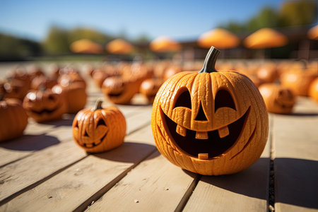 Halloween pumpkins on a wooden background. Selective focus with AI-Generated Imagesの素材