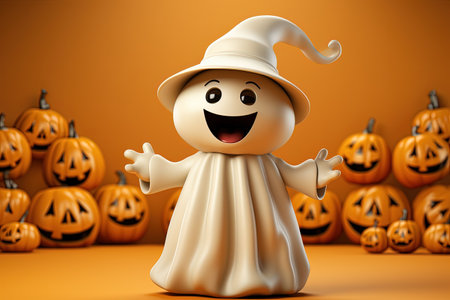 Halloween scarecrow with pumpkins on orange background. 3d illustration with AI-Generated Imagesの素材