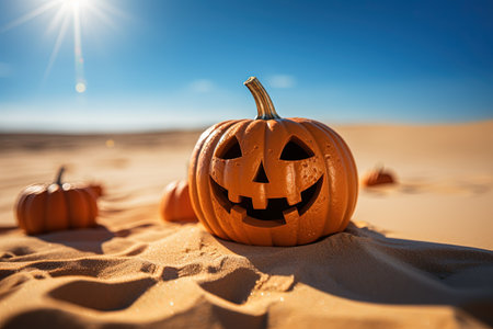 Halloween pumpkins on the sand with blue sky background. Happy Halloween with AI-Generated Imagesの素材