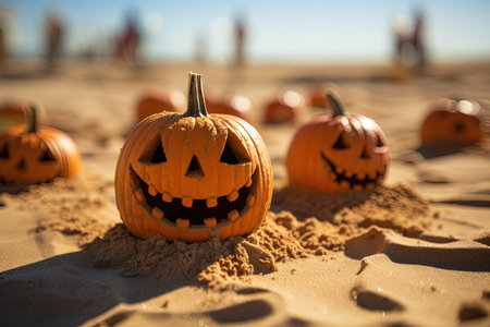 Halloween pumpkins in the sand on a background of blue sky with AI-Generated Imagesの素材