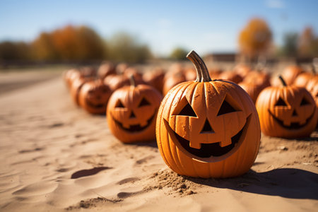 Halloween pumpkins on the beach, shallow depth of field with AI-Generated Imagesの素材