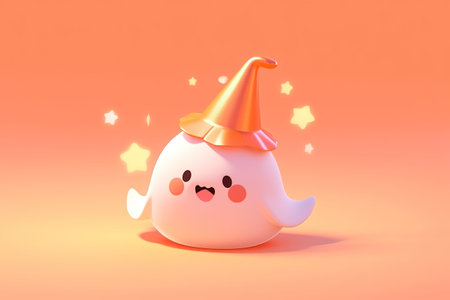 3d rendering of a cute white ghost with a hat isolated on orange background with AI-Generated Imagesの素材