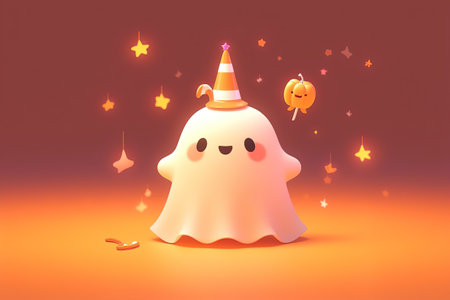 ghost with magic wand and candies on orange background. 3d rendering with AI-Generated Imagesの素材