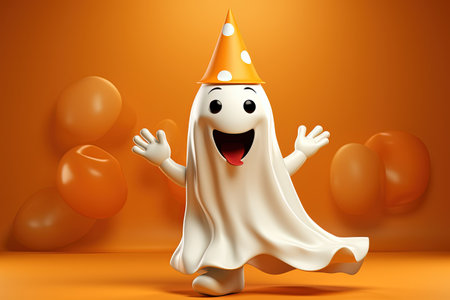 happy ghost with party hat on orange background. 3d illustration with AI-Generated Imagesの素材
