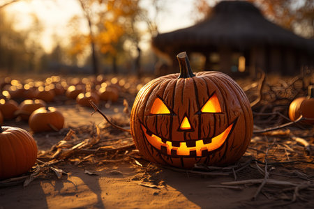 Halloween pumpkins on the field in the evening. Halloween background with AI-Generated Imagesの素材