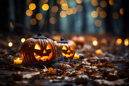 Halloween pumpkin head jack lanterns with burning candles in dark forest with AI-Generated Imagesの素材