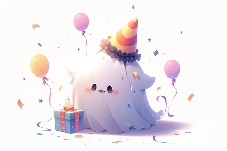 Cute cartoon ghost with birthday cake and gift box. Vector illustration with AI-Generated Imagesの素材