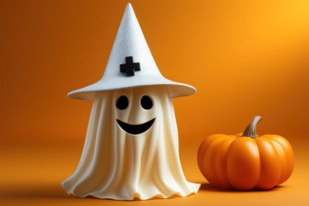 Halloween ghost and pumpkin on orange background. 3d illustration with AI-Generated Imagesの素材