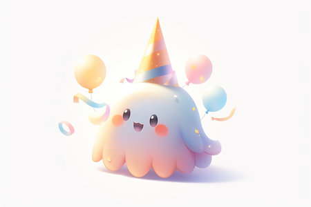 Cute unicorn with party hat and balloons on white background. Vector illustration with AI-Generated Imagesの素材