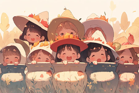 Cute little kids in hats with autumn leaves. Vector illustration with AI-Generated Imagesの素材