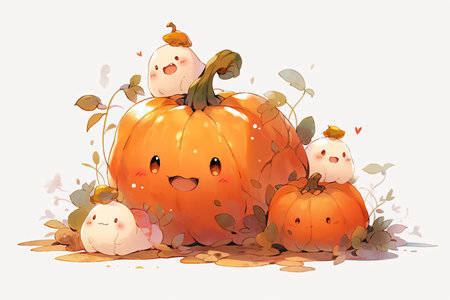 Illustration of cute little birds in pumpkins. Vector illustration with AI-Generated Imagesの素材