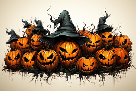 Halloween pumpkins with witch hat and veil. Vector illustration with AI-Generated Imagesの素材