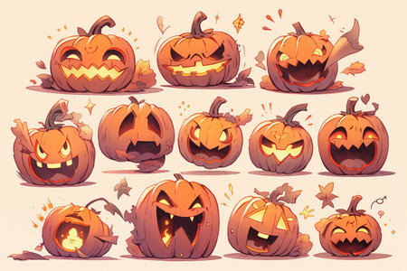 Halloween pumpkins with different emotions and expressions, vector illustration with AI-Generated Imagesの素材