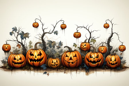 Halloween background with pumpkins and dry branches. Vector illustration with AI-Generated Imagesの素材