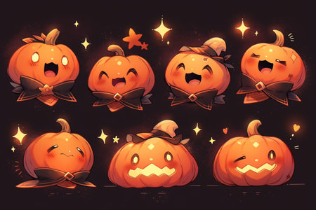 Set of Halloween pumpkins with different emotions. Cartoon vector illustration with AI-Generated Imagesの素材