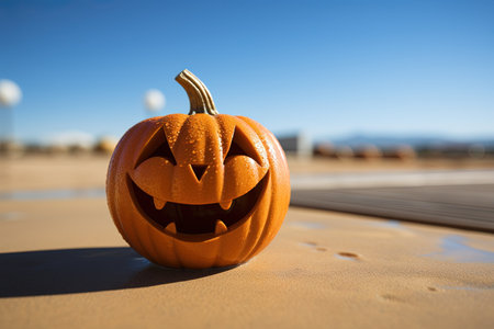 Halloween pumpkin on the beach with blue sky and clouds in background with AI-Generated Imagesの素材
