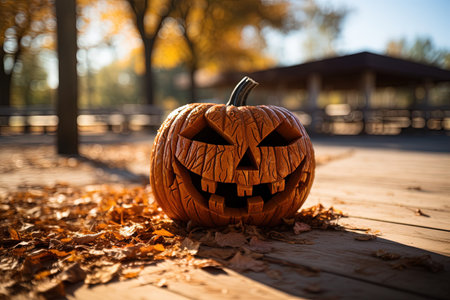 Halloween pumpkin jack o lantern in autumn park. Halloween background with AI-Generated Imagesの素材