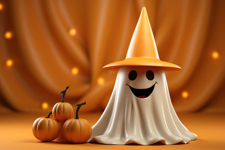 3d illustration of Halloween ghost with pumpkins over orange curtain background with AI-Generated Imagesの素材
