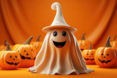 3d illustration of a ghost with pumpkins on a orange background with AI-Generated Imagesの素材