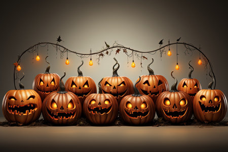 Halloween pumpkins with scary faces on dark background. Vector illustration with AI-Generated Imagesの素材
